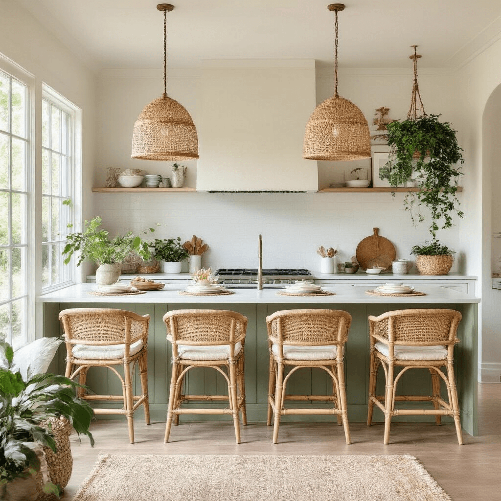 A bright open-concept kitchen and living area featuring a sage green half-wall breakfast bar with a floating quartz countertop, lined with four rattan barstools. Clustered woven pendant lights hang above, while the space is styled with woven placemats, botanical prints, and cascading pothos plants, all captured from an elevated angle.