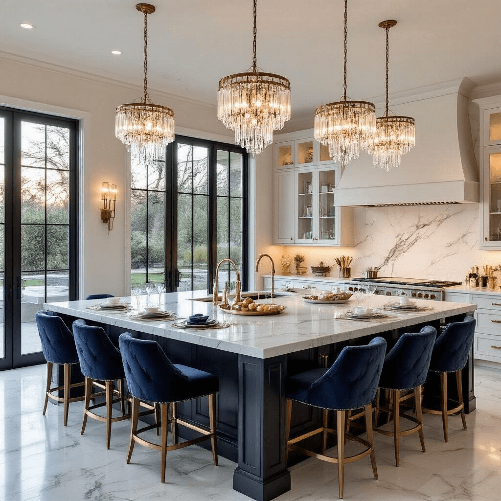 A spacious kitchen featuring a large elongated island with honed marble and a raised breakfast bar, decorated with six navy velvet barstools, crystal chandelier clusters, and metallic accents, captured during golden hour.