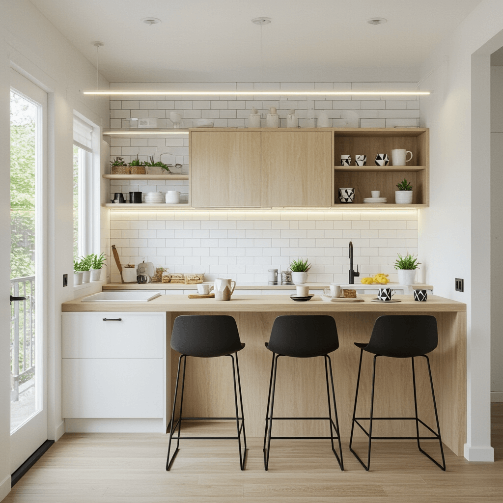 A bright, efficient 6x8ft micro-kitchen featuring a custom floating breakfast bar in bleached oak against a white subway-tiled wall, with hidden storage and matte black barstools. Styled with minimalist breakfast items, air plants, and geometric coffee cups, captured from above.