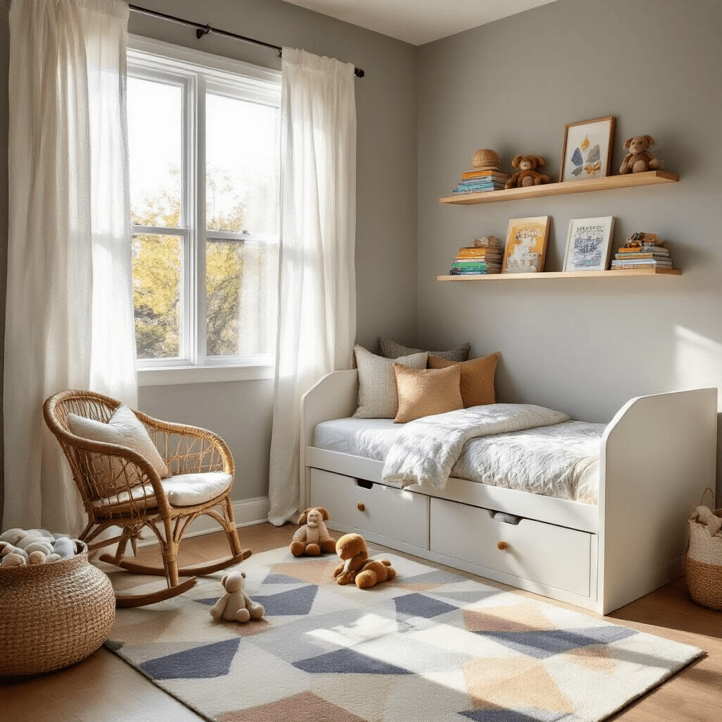 Cozy toddler bedroom nook featuring a convertible white IKEA Kura bed, gray walls, a rattan chair, colorful book displays, and soft lighting from sheer curtains, all captured at golden hour.