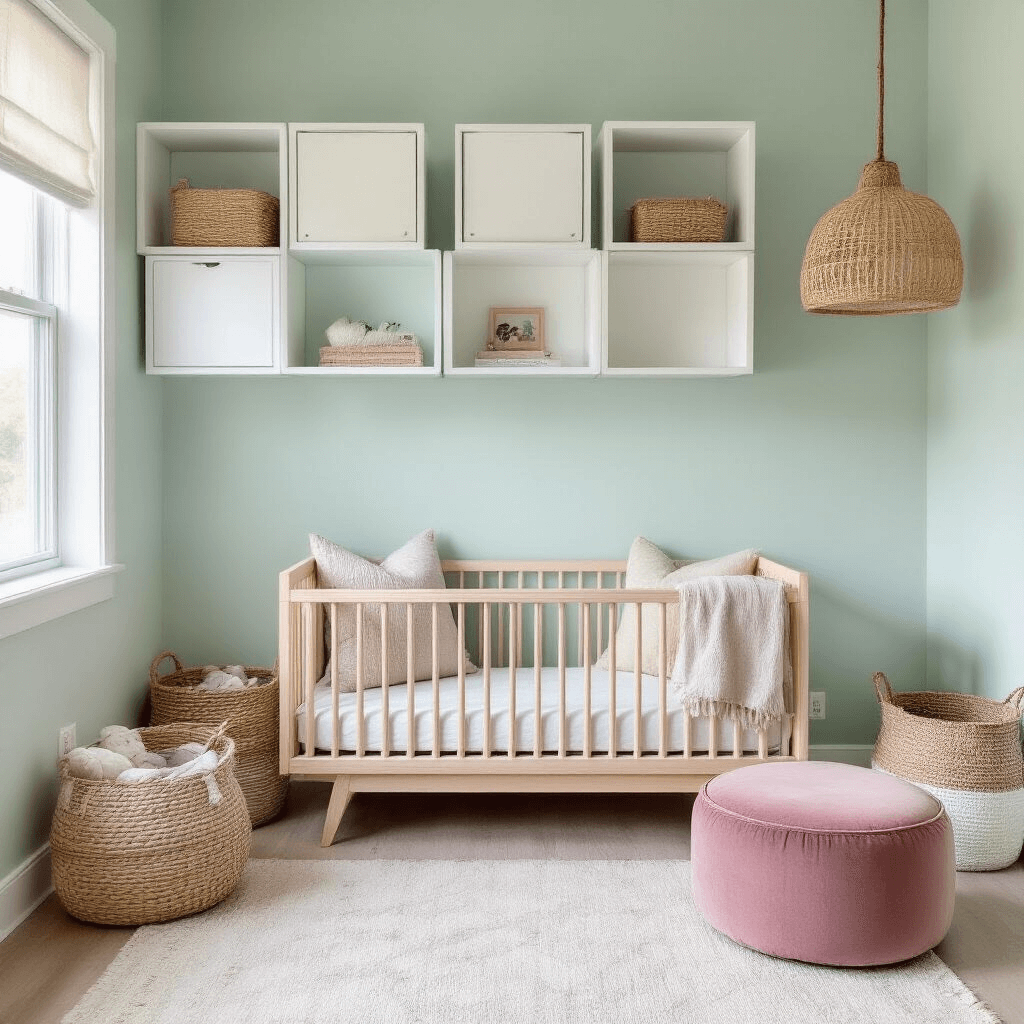A cozy toddler room featuring floor-to-ceiling white floating cube shelves against a pale mint accent wall, a minimalist light wood bed, a dusty rose velvet ottoman for toy storage, and natural textures like woven baskets and a jute pendant lamp, all illuminated by morning light.