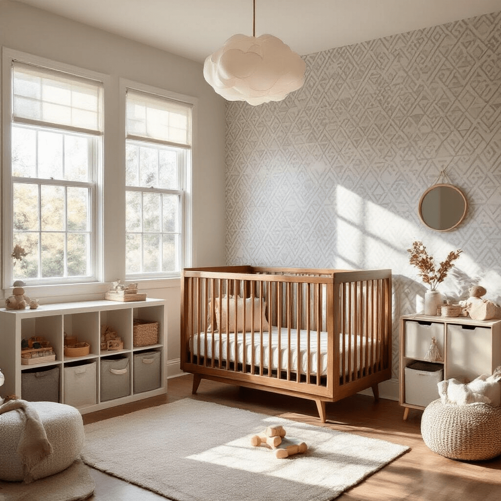 A modern whimsical children's room featuring a convertible walnut crib-to-bed, geometric wallpaper in soft grays and blush tones, an IKEA Kallax unit for toy storage, a cloud-shaped pendant light, Montessori-inspired play areas with low mirrors, and matte finish hardwood floors, all illuminated by late afternoon sunlight.