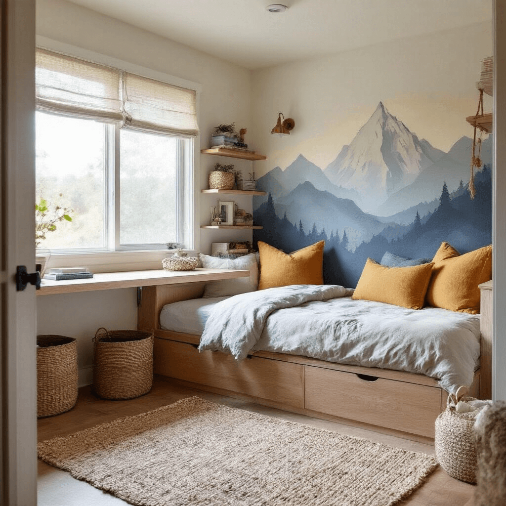 A compact adventure zone featuring a low-profile platform bed with a built-in bookshelf headboard, a hand-painted mountain mural accent wall, and a wall-mounted fold-down desk. The space is illuminated by early morning light, showcasing a natural color palette with mustard yellow accents, a braided wool rug, linen bedding, and rope storage baskets, viewed from the doorway.