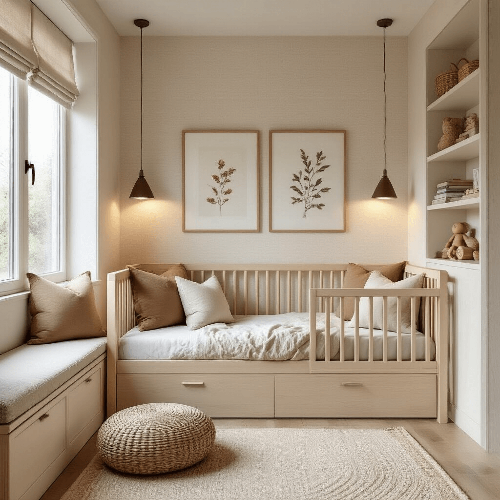 A cozy 10x10ft room at dusk featuring a Scandinavian-inspired toddler bed in bleached pine on cream textured wallpaper, with a reading nook of oversized floor cushions and floating book rails, illuminated by track lighting, hidden storage in a window seat, and decorated with botanical prints and earthy-toned textiles.