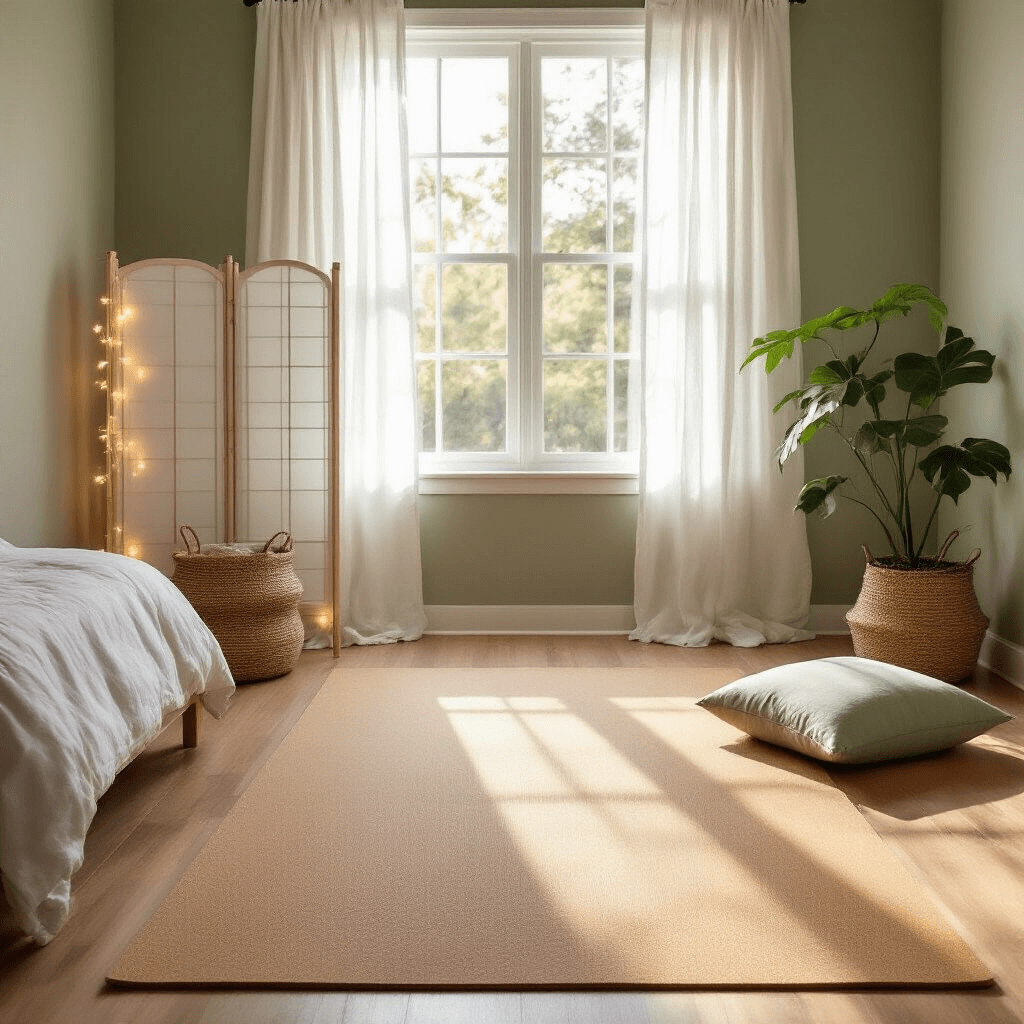 A tranquil yoga sanctuary in a serene bedroom corner, featuring a premium cork yoga mat on light bamboo flooring, illuminated by soft natural light from an east-facing window. The space is adorned with a minimalist white room divider and fairy lights, with muted sage green walls and natural textures like a jute basket, linen meditation cushion, and a potted monstera, captured in a low-angle shot.