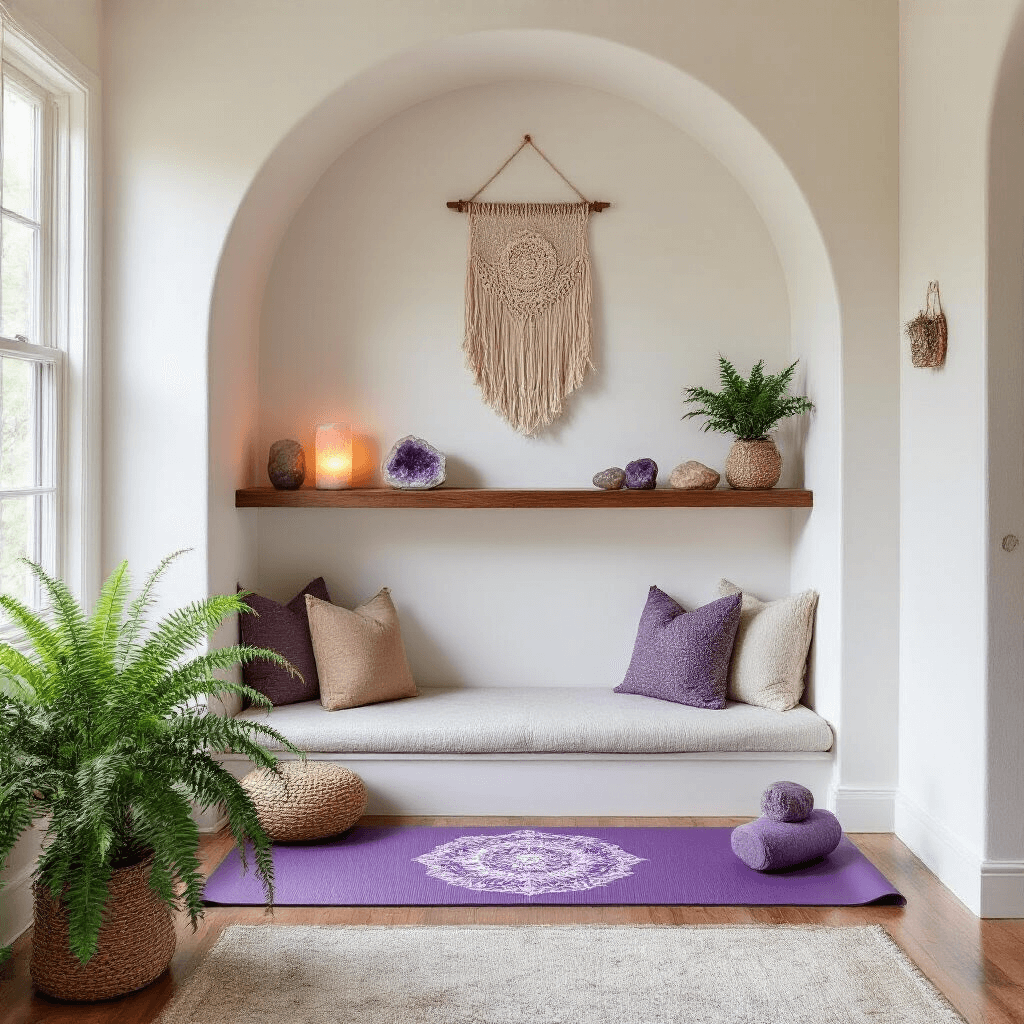 Intimate living room yoga nook with an archway, featuring a purple mandala yoga mat, cork blocks, and a macramé wall hanging, all bathed in morning light with a Boston fern in the corner.