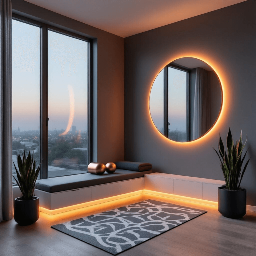 Modern minimalist home office yoga space at dusk, featuring floor-to-ceiling windows, ambient LED lighting, a charcoal gray accent wall with an oversized mirror, metallic copper yoga props, a white oak storage bench, a geometric pattern yoga mat, and a snake plant in a matte black planter.
