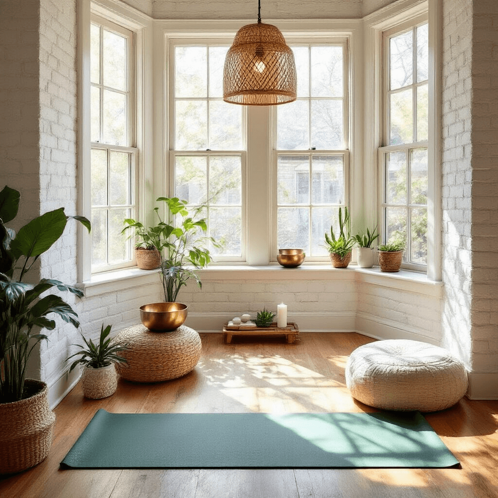 A sun-drenched yoga nook featuring a bay window, whitewashed brick wall, warm wood flooring, and an emerald green yoga mat. The scene includes a rattan pendant lamp casting organic shadows, a small altar with a brass singing bowl and candles, and a vintage cream Moroccan pouf for seating, all captured from a low perspective to highlight the play of natural light.