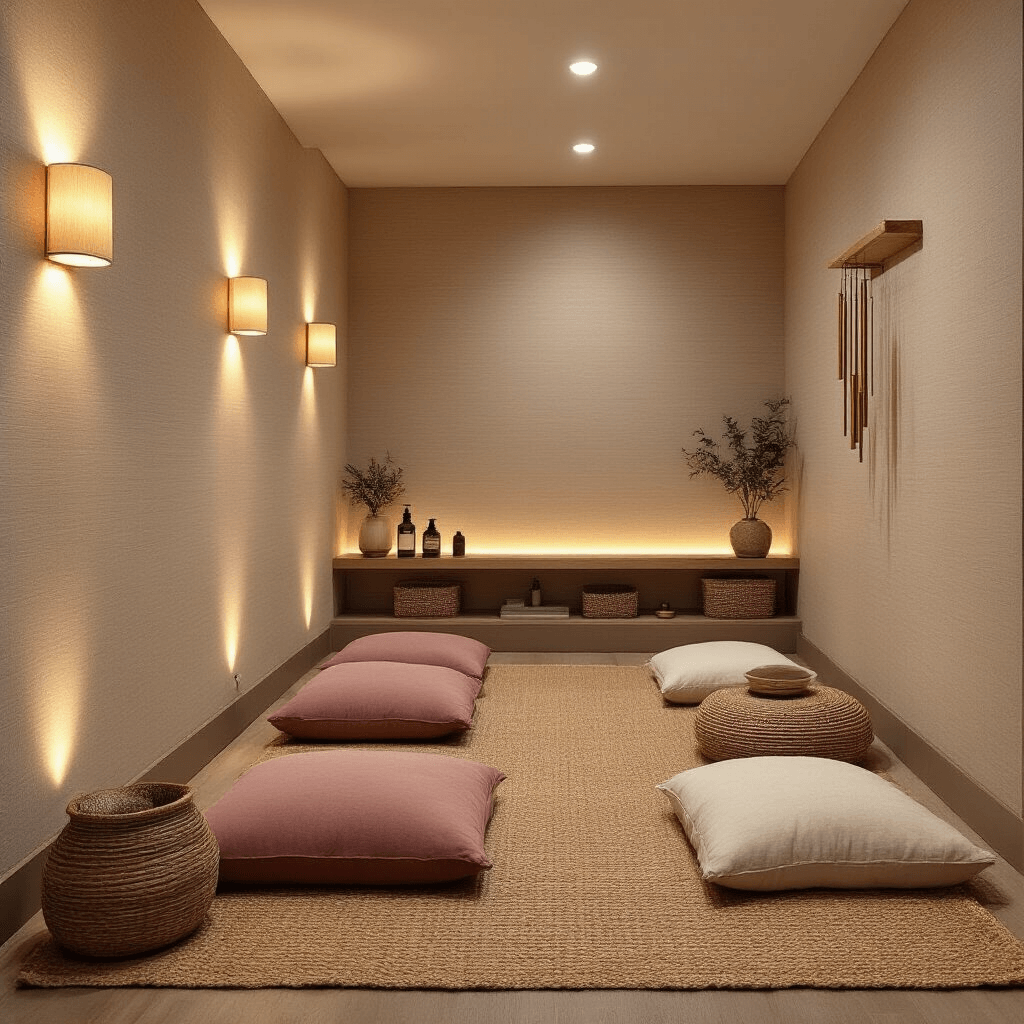A serene meditation space with textured beige wallpaper, soft uplighting from sconces, dusty rose and ivory floor cushions on a jute rug, and a wooden shelf holding essential oils, all set in a twilight ambiance.