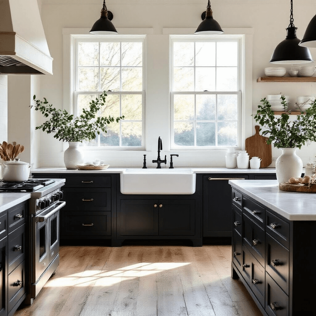 Black and White Farmhouse Kitchen: A Timeless Design Masterpiece Spacious farmhouse kitchen with wide-plank white oak floors, white shaker cabinets, and a black island, illuminated by morning light and styled with vintage pendant lights, ceramic vases, and an antique breadboard.
