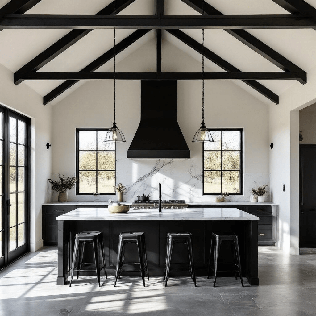 Black and White Farmhouse Kitchen: A Timeless Design Masterpiece A modern minimalist farmhouse kitchen featuring a vaulted ceiling with exposed black metal beams, two-tone cabinetry in black and white, a marble backsplash extending to the ceiling, and industrial black metal barstools at a marble waterfall island, all illuminated by afternoon sunlight streaming through steel-framed windows.