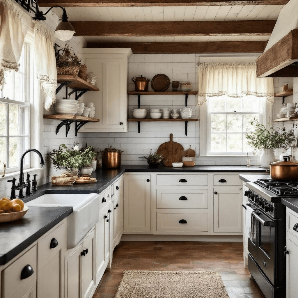 Black and White Farmhouse Kitchen: A Timeless Design Masterpiece Cozy vintage farmhouse kitchen with classic white cabinetry and black soapstone counters, illuminated by golden hour light filtering through café curtains, featuring rustic elements like open shelving with ironstone, copper pots, and dried herbs, captured at a 45-degree angle.