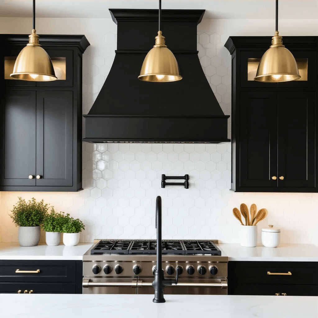 Black and White Farmhouse Kitchen: A Timeless Design Masterpiece A modern farmhouse kitchen with black shaker cabinets, white quartz countertops, and a marble hexagon backsplash, featuring brass hardware, a central black range hood, and mixed metal accents, illuminated by morning light and targeted accent lighting, showcasing white ceramics and fresh herbs in concrete planters.