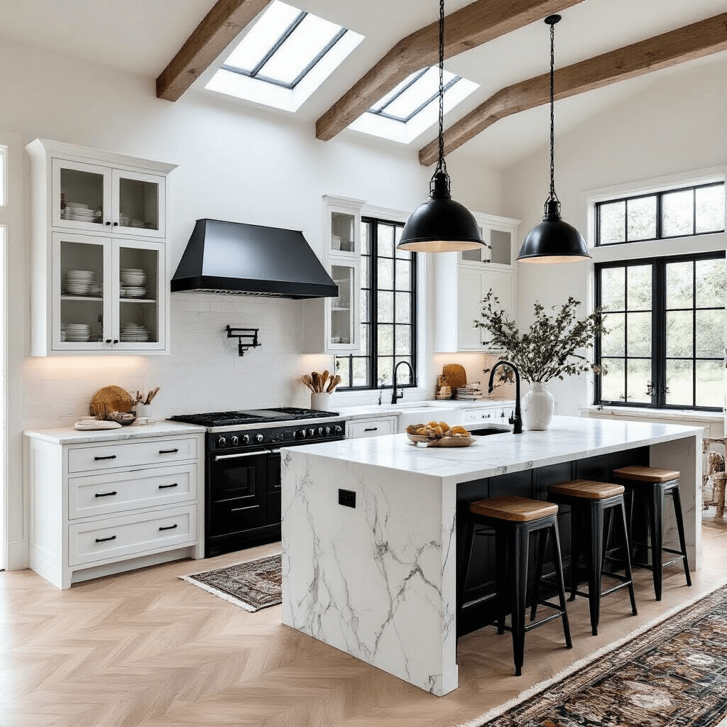 Black and White Farmhouse Kitchen: A Timeless Design Masterpiece Open-concept farmhouse kitchen featuring white cabinetry, professional black appliances, a large marble island with a black base, and vintage decor over herringbone floors, illuminated by skylights and industrial pendant lights.