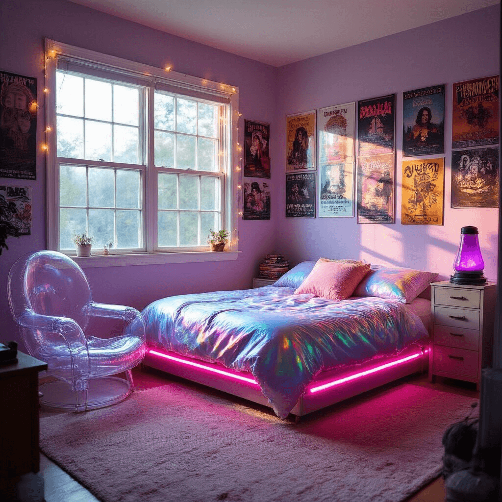 A spacious teenage bedroom featuring a twin platform bed with a holographic duvet cover, neon pink LED strip lighting, and a vintage clear inflatable chair, all illuminated by golden afternoon light through a large window. The walls are adorned with 90s band posters, and a purple lava lamp casts shadows on pastel lavender walls, while a restored clear purple iMac G3 sits at the desk. The scene is captured from a doorway perspective with a dreamy depth of field.