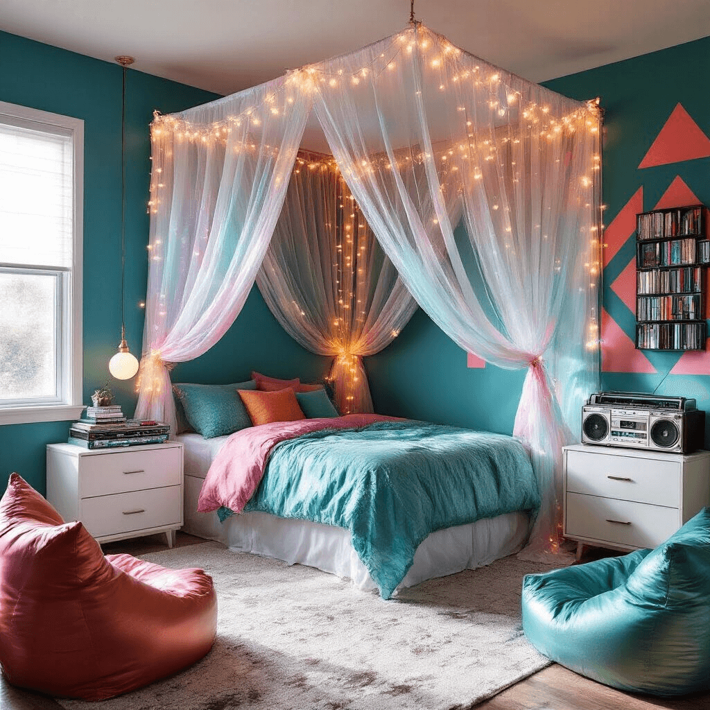 A vibrant teen bedroom with a dramatic canopy bed draped in iridescent organza and twinkle lights, surrounded by geometric Memphis-style wall patterns in teal and hot pink, a vintage boom box on a white dresser with CD cases, and metallic bean bag chairs, all captured during magic hour with natural backlighting.