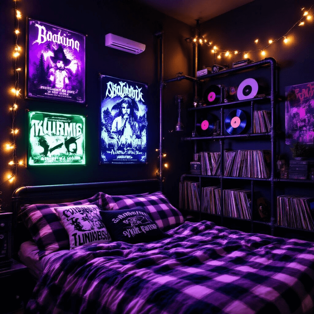 Moody nighttime view of a grunge-inspired bedroom featuring glowing black light posters, purple highlights from a blacklight, industrial pipe shelving with vinyl records, flannel bedding on the bed, band t-shirt pillows, and warm string lights, captured from a slightly elevated corner in a long exposure shot.