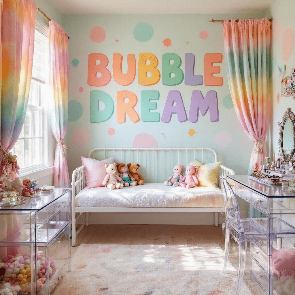A pastel dream bedroom featuring tie-dye curtains, a hand-painted focal wall with bubble letters and geometric shapes, a white metal daybed with plush toys, clear acrylic furniture, and a vintage vanity with butterfly clips and holographic makeup, all bathed in soft natural light.