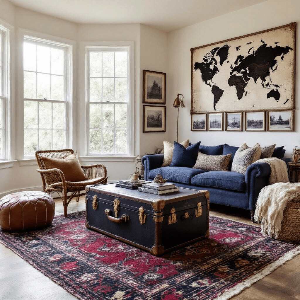 A bright and sophisticated bedroom featuring large bay windows, a vintage steamer trunk coffee table, a rich Kilim rug, black and white travel photographs, a handcrafted wooden world map, and cozy layered textiles, all bathed in warm morning light.