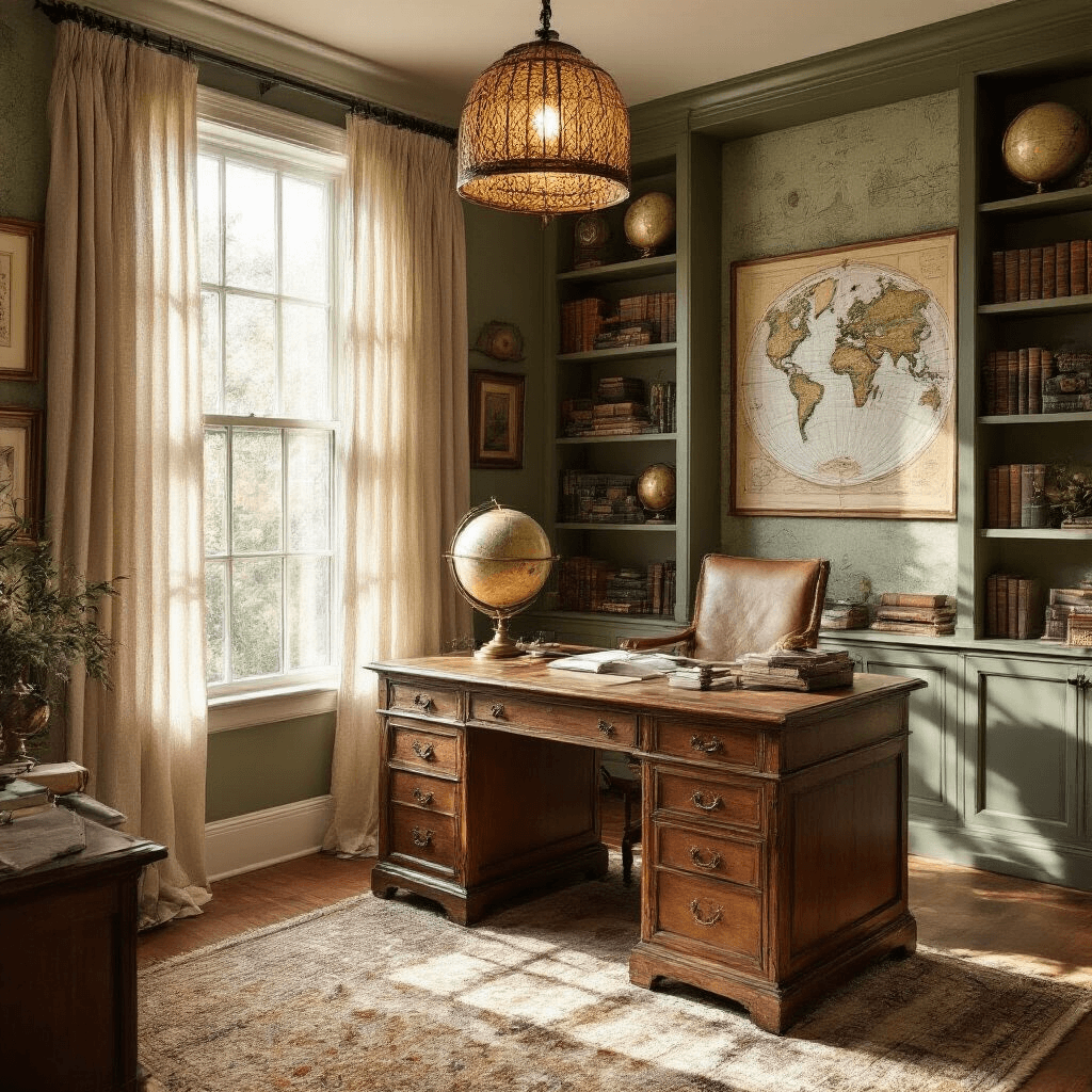 A cozy home office with golden hour light, featuring a restored 1920s wooden desk, floor-to-ceiling bookshelves, sage green vintage map wallpaper, vintage globes, and cultural artifacts. The scene captures intricate shadows from a woven pendant lamp on warm oak flooring, evoking a scholarly adventure atmosphere.