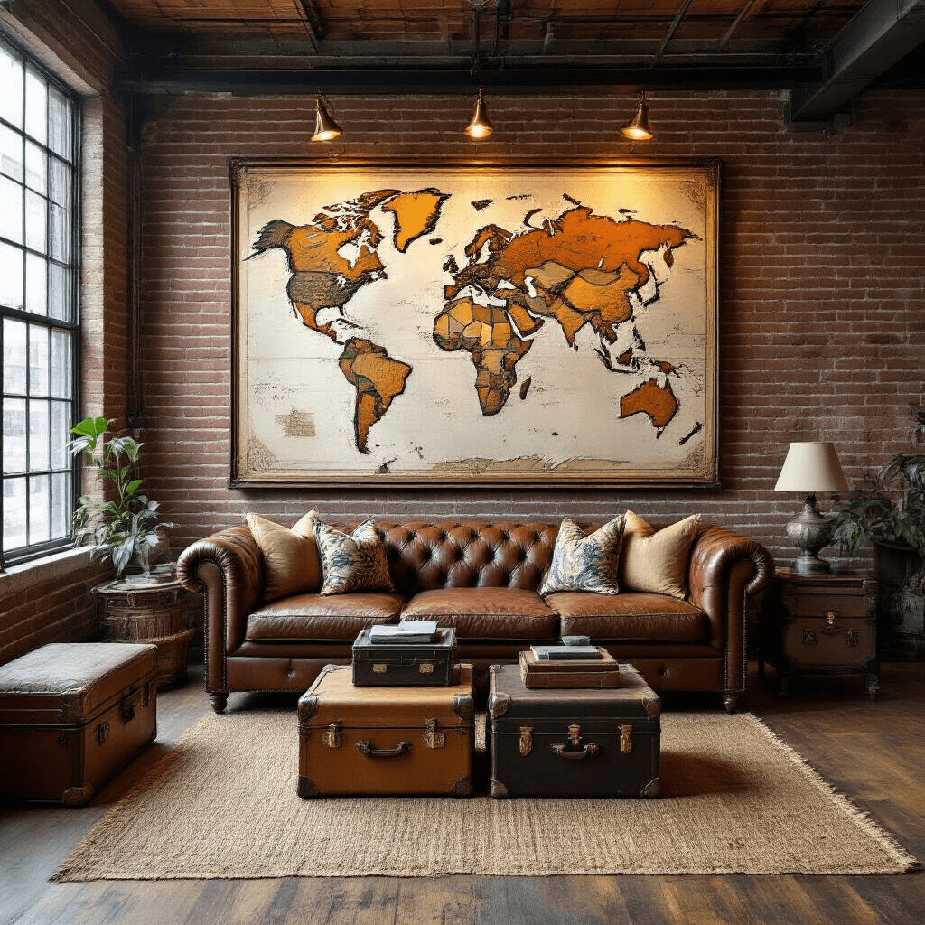 A spacious industrial-style living room featuring exposed brick walls and large windows, dominated by a large antique world map illuminated by brass lights. A distressed leather Chesterfield sofa with silk pillows sits in the foreground, alongside vintage suitcases arranged as side tables, all on a jute rug over hardwood floors. The scene is captured from an elevated angle, highlighting the room's textures and luxurious explorer aesthetic.