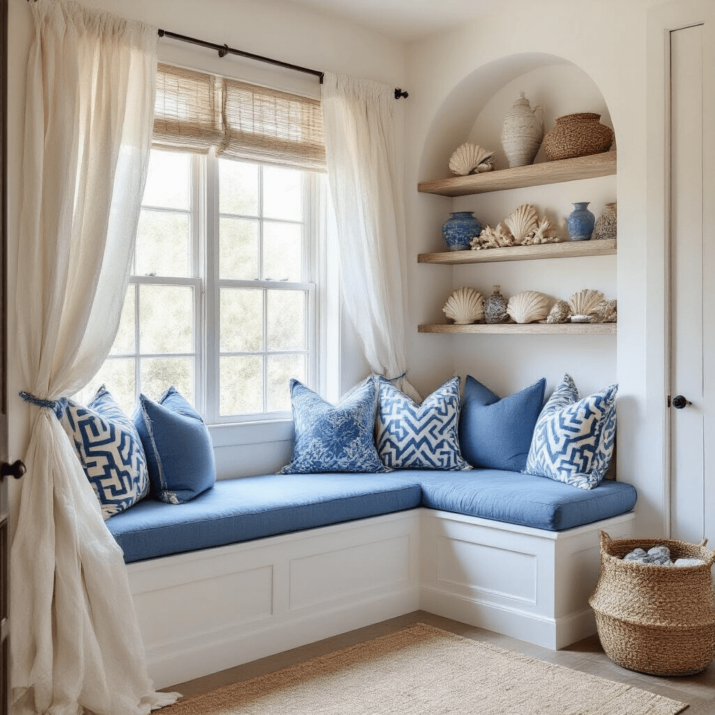 A cozy Mediterranean-inspired reading nook with whitewashed walls, an azure blue window seat adorned with Greek key pattern pillows, and floating shelves displaying seashells and pottery, all bathed in soft, natural light.