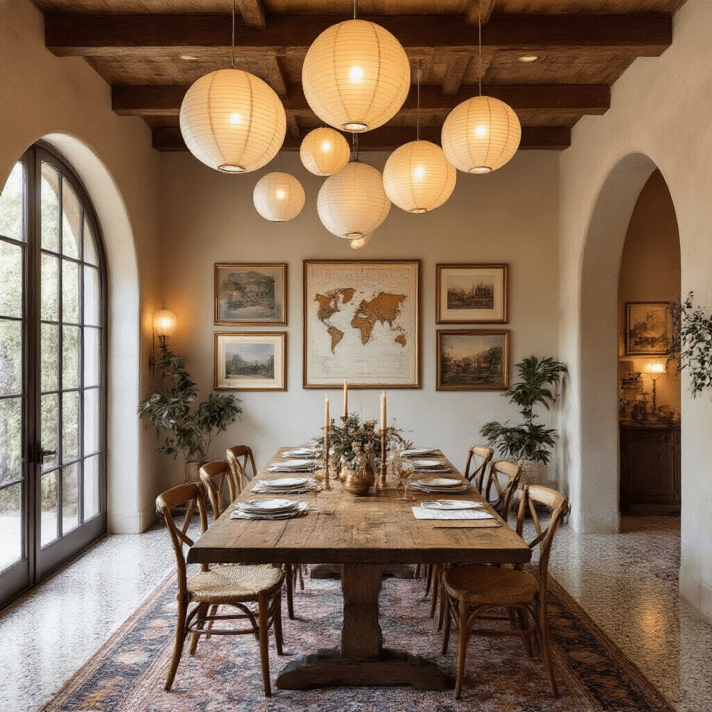 A cozy dining space featuring a reclaimed wood table with brass candlesticks and vintage map placemats, illuminated by paper lanterns against 12ft ceilings and arched doorways. Gallery walls display postcards and travel memorabilia in copper frames, while terrazzo flooring and a vintage Persian rug in muted jewel tones enhance the inviting atmosphere. The image is captured from a corner angle, showcasing the elegant evening lighting.