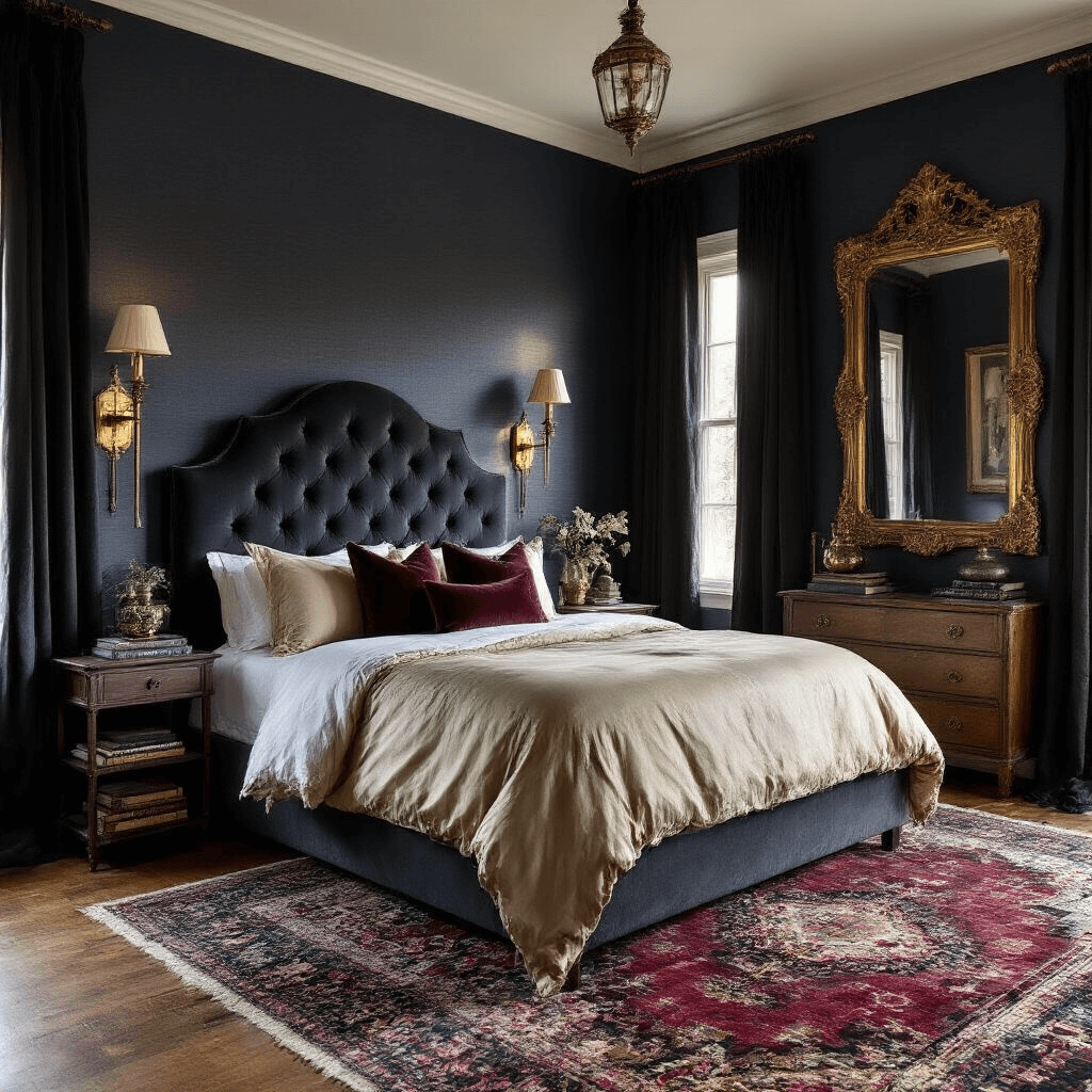 Moody master bedroom with navy grasscloth walls, a velvet headboard, and layered bedding in champagne silk and burgundy velvet, illuminated by golden hour light filtering through sheer black curtains, casting dramatic shadows; features include antique brass sconces, vintage mirrors, a Moroccan rug, and decorative details like leather-bound books and a dark orchid, shot at f/2.8 for dreamy depth of field.