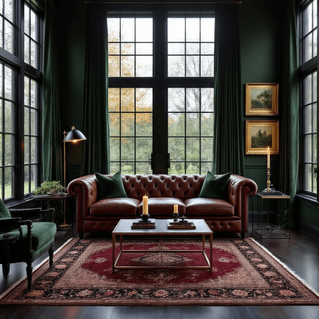 A contemporary living room featuring floor-to-ceiling windows against deep forest green walls, with a cognac leather Chesterfield sofa, black metal floor lamps, a vintage Persian rug, and a brass coffee table reflecting candlelight, all enhanced by dark botanical prints in gilt frames and emerald velvet curtains.