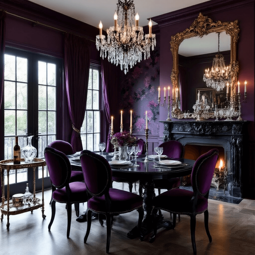 A gothic-inspired dining room at blue hour, featuring high-gloss aubergine walls, a crystal chandelier, and a black oak dining table with wine-colored velvet chairs. Antiqued mirror and dark floral wallpaper panels adorn the walls. A black marble fireplace with pillar candles and a brass bar cart with Venetian glass decanters are included, illuminated by mixed cool and warm lighting.