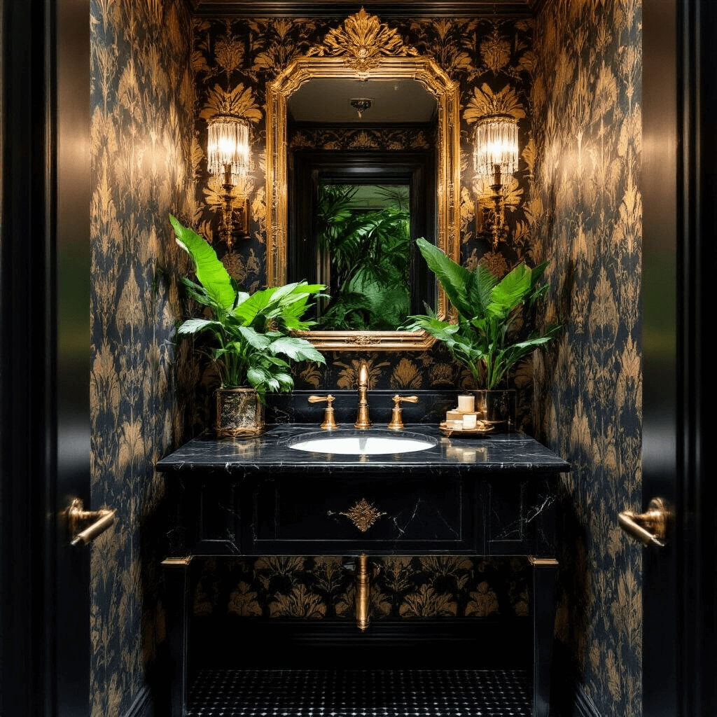 A luxurious Art Deco-inspired powder room featuring noir damask wallpaper with gold geometric patterns, a black marble vanity with aged brass fixtures, and an ornate gilded mirror. Vintage crystal sconces illuminate the space, casting dramatic shadows, while deep green tropical plants reflect in the antiqued mirror ceiling. The black penny tile floor adds texture, and warm dimmable sconces create an intimate mood.