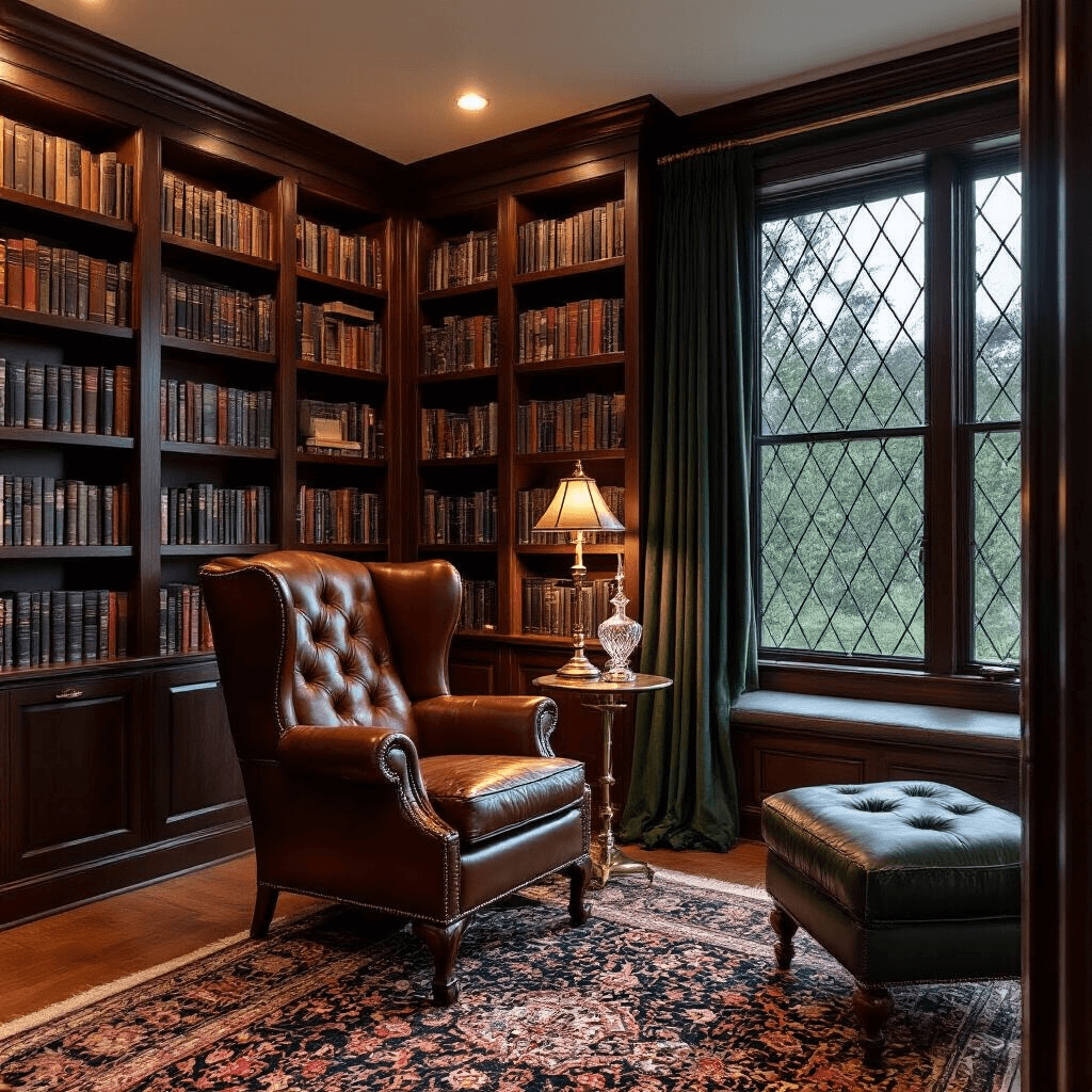 Cozy library den featuring floor-to-ceiling mahogany bookshelves, a cognac leather wingback chair, and brass lamp, illuminated by warm twilight and moody lighting.