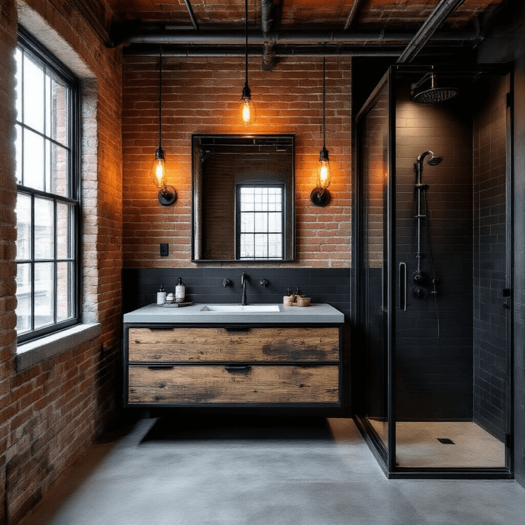 Industrial chic bathroom featuring a converted loft design with a matte black exposed brick wall, polished concrete floors, and a black steel-framed shower. The space showcases exposed copper pipes, matte black fixtures, a reclaimed wood floating vanity with a steel frame, and Edison bulb sconces flanking an industrial-style mirror, all captured in a symmetrical composition with mixed warm and cool lighting.