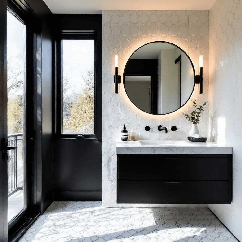 High-contrast modern bathroom featuring a black accent wall, white geometric tiles, floating black vanity with white Carrara marble, oversized circular mirror with LED, and dramatic natural and artificial lighting.