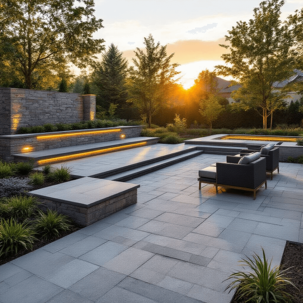 A wide-angle drone perspective of a serene 20x30ft backyard hardscape at golden hour, featuring a multi-level gray composite deck and herringbone-patterned concrete pavers, complemented by a natural stone retaining wall with LED lighting, modern minimalist charcoal and teak furniture, and warm sunset lighting casting shadows across textured surfaces.