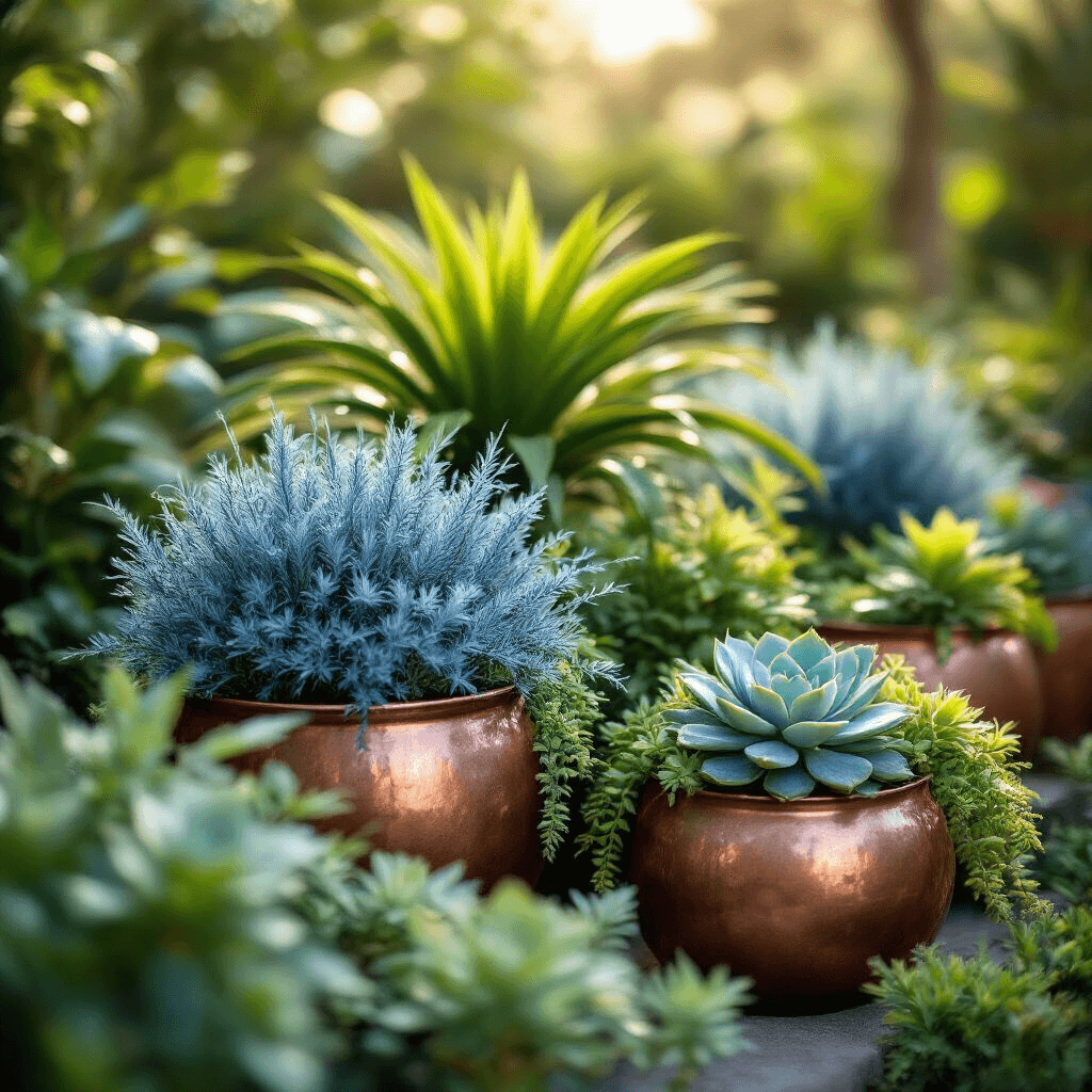 Close-up of a lush tropical garden arrangement featuring blue fescue grass, dwarf palm varieties, and cascading succulents in copper and ceramic planters. The scene is captured in soft, diffused morning light, highlighting dewdrops on leaves, with a shallow focus on detailed leaf structures and a bokeh background. The color palette includes muted earth tones with silver-blue accents.