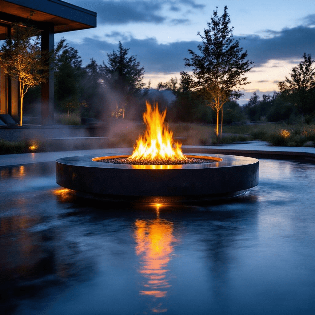 A dramatic twilight scene featuring a central stone fire pit with flames surrounded by a sleek, negative-edge water feature. The long exposure captures smooth water movement, with warm fire glow and cool LED lights illuminating the scene. Polished black granite and brushed steel reflect the ambient twilight sky, creating a moody and sophisticated atmosphere enhanced by misty water.