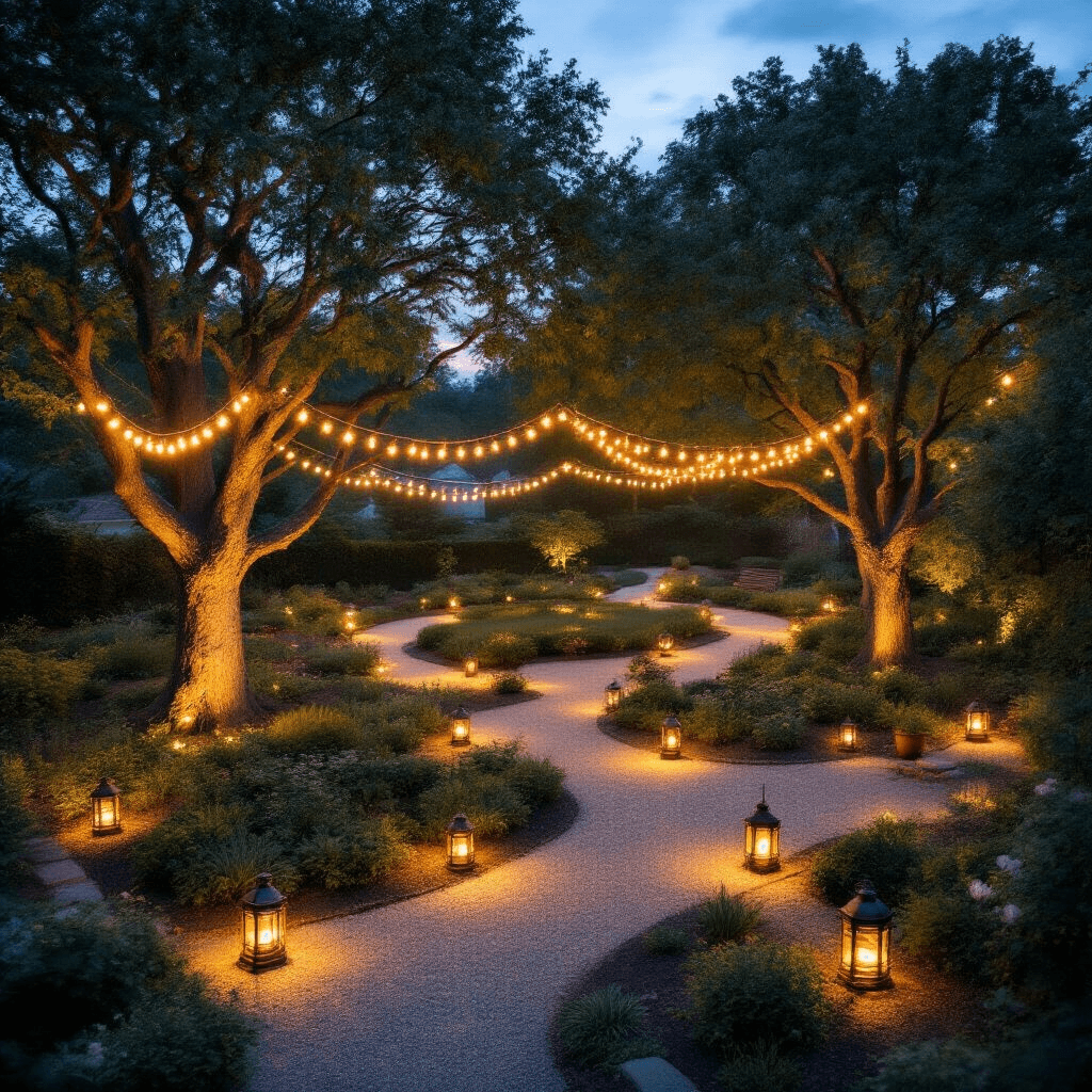 Overhead drone shot of a beautifully illuminated garden at dusk, featuring solar-powered path lights in geometric patterns, warm white string lights in trees, vintage copper lanterns in gathering areas, and a cool blue twilight sky contrasting with warm artificial lighting.