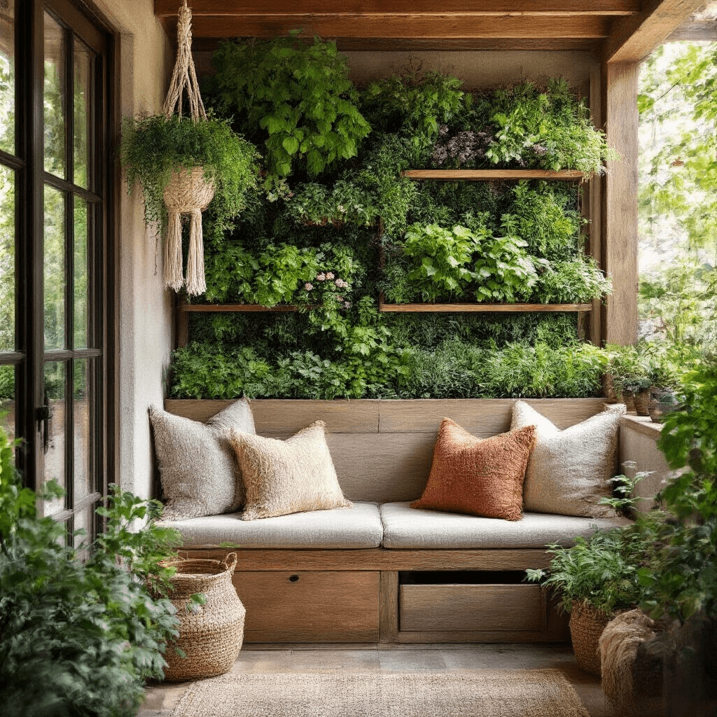 Cozy small-space garden nook in morning light featuring a vertical garden wall with herbs and perennials, a teak bench with storage, macramé plant hangers, and bohemian textiles, emphasizing rich textures and warm colors.
