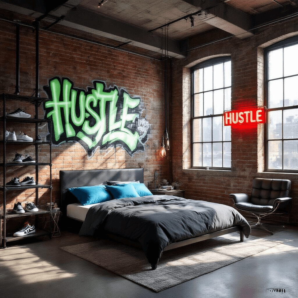Spacious urban loft bedroom with exposed brick walls and concrete ceilings, featuring a matte black metal platform bed, neon graffiti mural, industrial pipe shelving with sneakers, and a chrome accent chair beneath a neon sign, all illuminated by natural light and warm LEDs.