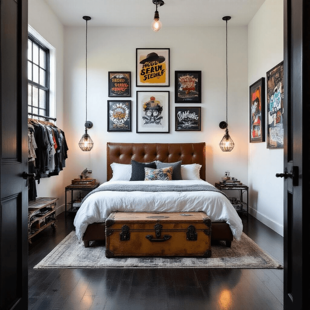 A modern bedroom featuring a queen bed with a distressed leather headboard, surrounded by a gallery wall of framed street art prints. The room has smooth white walls, dark hardwood floors, and golden hour lighting from black-framed windows. Floating metal nightstands with industrial cage lighting and a vintage trunk bench are present, along with a skateboard deck collection on the wall and a raw steel clothing rack displaying streetwear. A wide-angle view captures the room’s artistic and inviting ambiance.