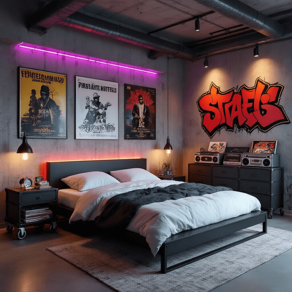 An elevated view of a contemporary urban bedroom featuring concrete effect wallpaper, exposed ductwork, and moody LED lighting in purple and red. The minimalist black metal platform bed with white bedding is complemented by vintage hip-hop concert posters and a record collection. A custom graffiti-style artwork adorns one wall, while an industrial wheeled cart serves as a nightstand, alongside a vintage boom box.