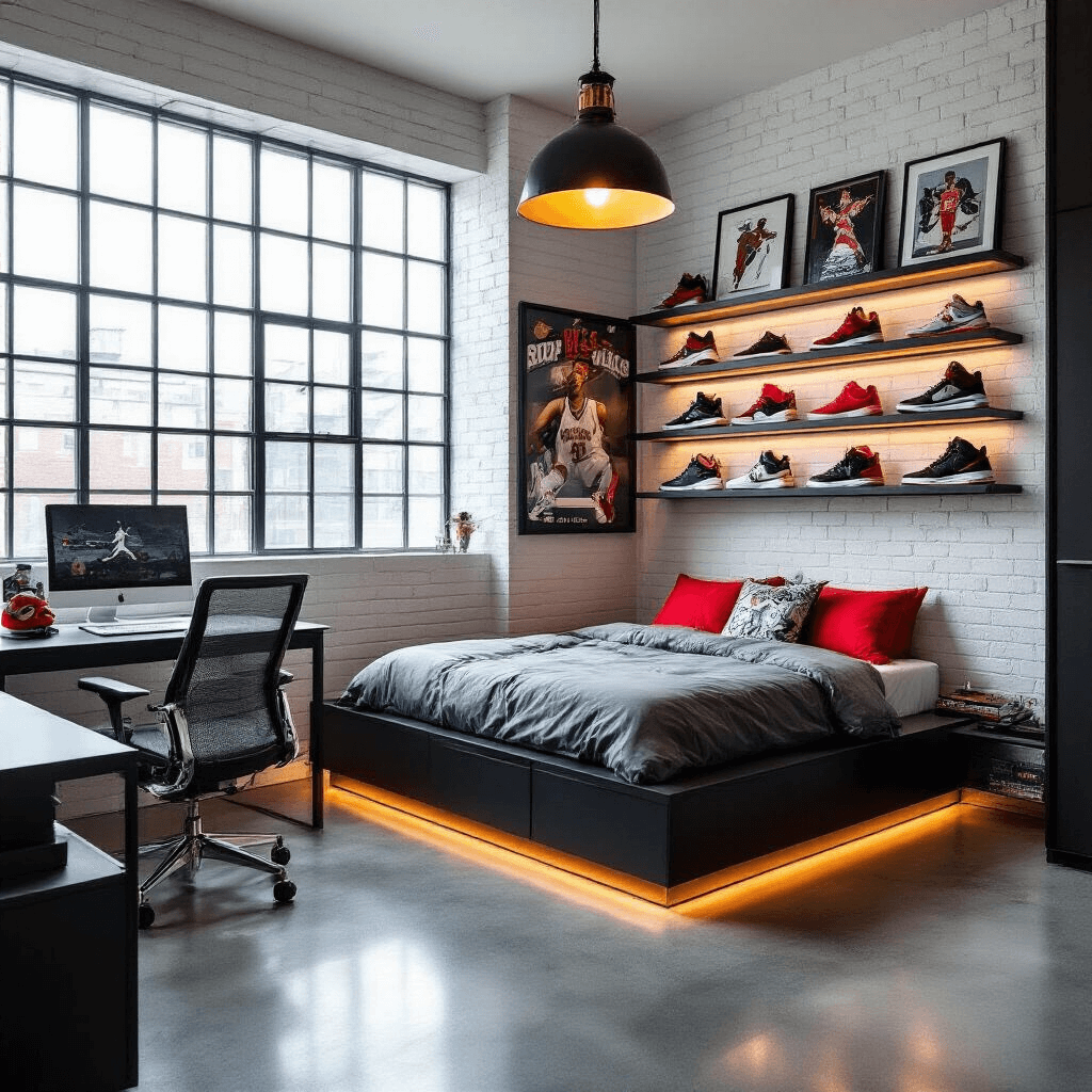 A compact bedroom featuring a white brick accent wall and polished concrete floors, with a low-profile black platform bed in a grey and red color scheme. The room includes a floor-to-ceiling sneaker display with LED-lit floating shelves, basketball-inspired pendant light, vintage sports memorabilia, and limited edition art prints, all illuminated by diffused midday light through urban-style grid windows. An industrial desk with a chrome and mesh office chair completes the scene, captured straight-on at eye level.