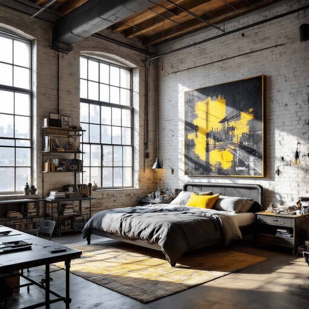 Large corner bedroom featuring floor-to-ceiling windows, exposed steel beams, and dawn light casting dramatic shadows on whitewashed brick walls. A king-size bed with a black metal canopy frame is adorned with urban-inspired textiles in grey and yellow. A massive abstract street art canvas serves as a focal point, alongside a DIY pipe shelving system displaying art books and spray paint. A vintage industrial drafting table acts as a desk, all presented from an elevated corner angle to highlight the moody urban atmosphere.