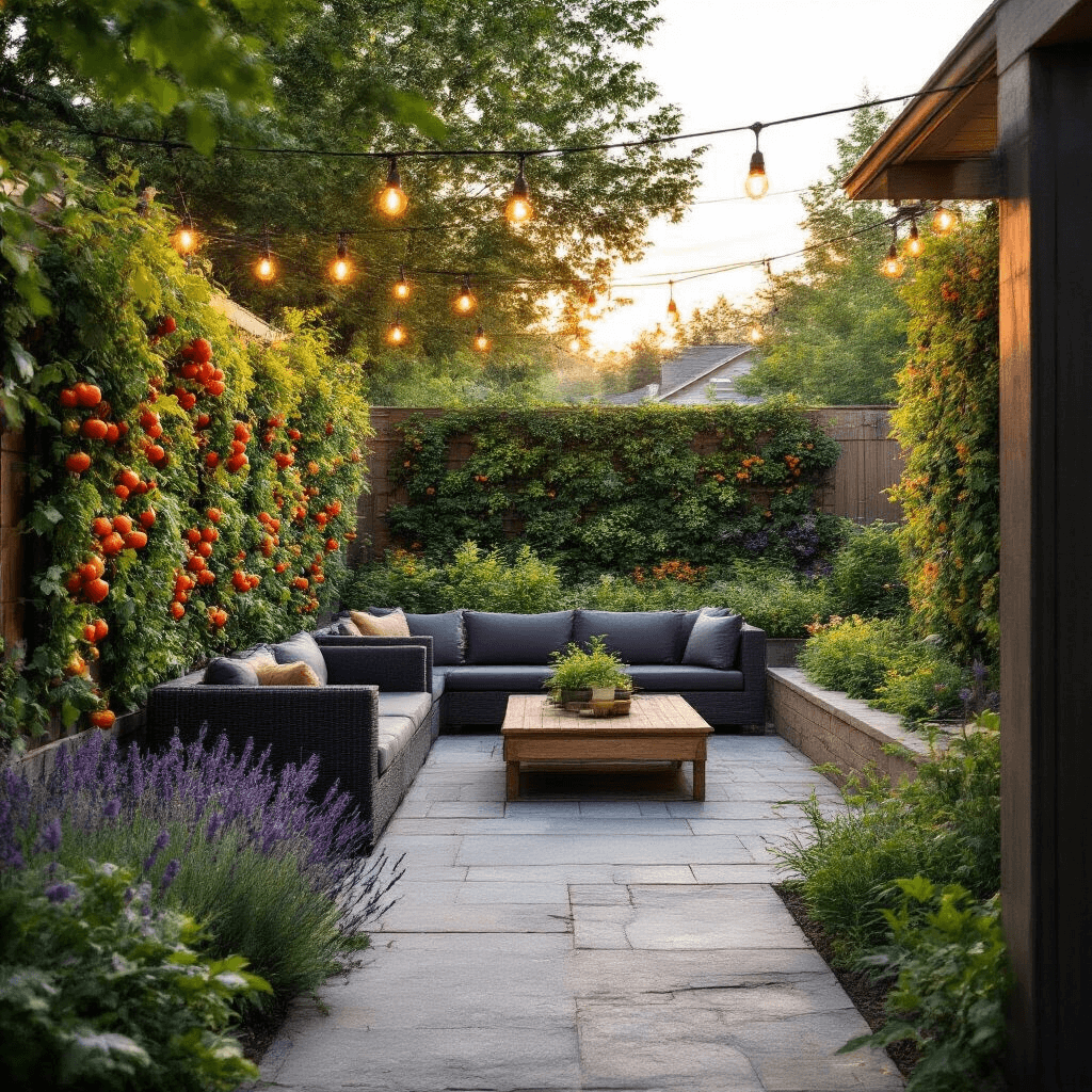 A tranquil suburban backyard at golden hour, featuring a flagstone patio with a modern charcoal outdoor sofa, raised cedar garden beds with tomatoes and herbs, and a vertical garden wall of flowering vines. String lights overhead create a warm ambiance, while natural stone pathways wind through native plants. A soft bokeh effect enhances dewdrops on lavender, showcasing a color palette of sage green, weathered cedar, charcoal grey, and vibrant purple flowers.