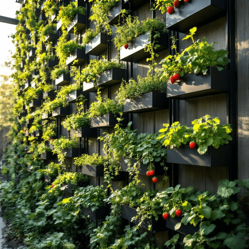 Low-angle morning view of a 12' tall, 20' wide vertical garden system with powder-coated steel planters. Cascading herbs and strawberries on top, compact vegetables below, and climbing bean vines casting shadows. The scene features deep greens, brushed metal, and red strawberries against a rough cedar backdrop.