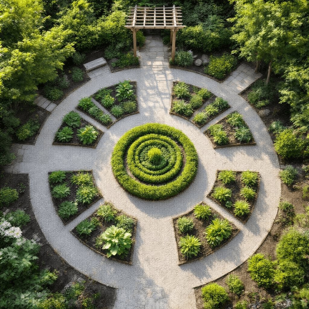 Overhead view of a meticulously designed suburban garden featuring a spiral herb garden at the center, surrounded by triangular raised beds in a mandala pattern, with light limestone gravel paths and a shaded pergola, showcasing vibrant greens and purples among silver-grey hardscaping.