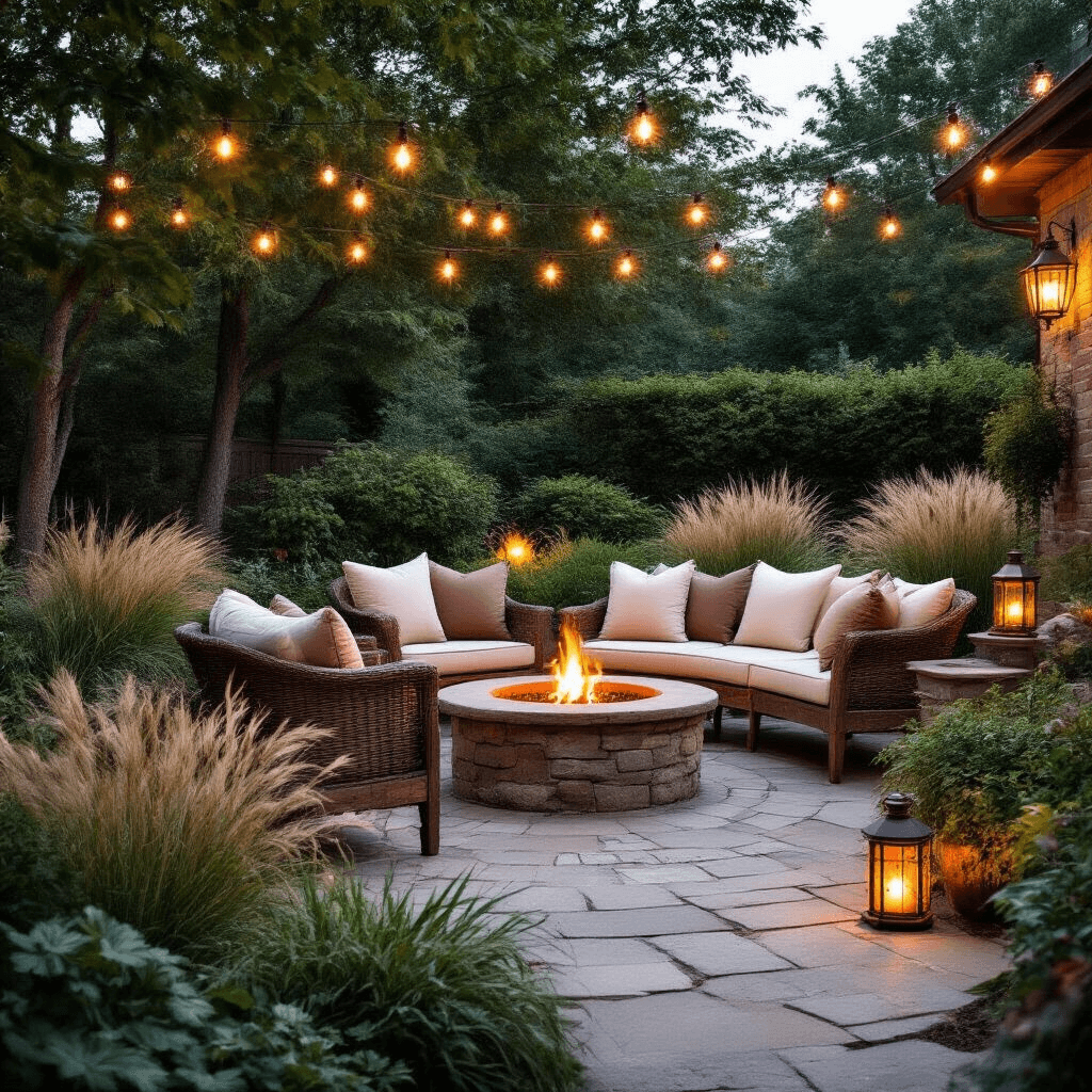 A cozy garden seating area at twilight featuring a flagstone patio with a weathered teak conversation set, cream cushions, glowing copper lanterns, and a stone fire pit, surrounded by lush greenery and illuminated by string lights and solar lanterns.