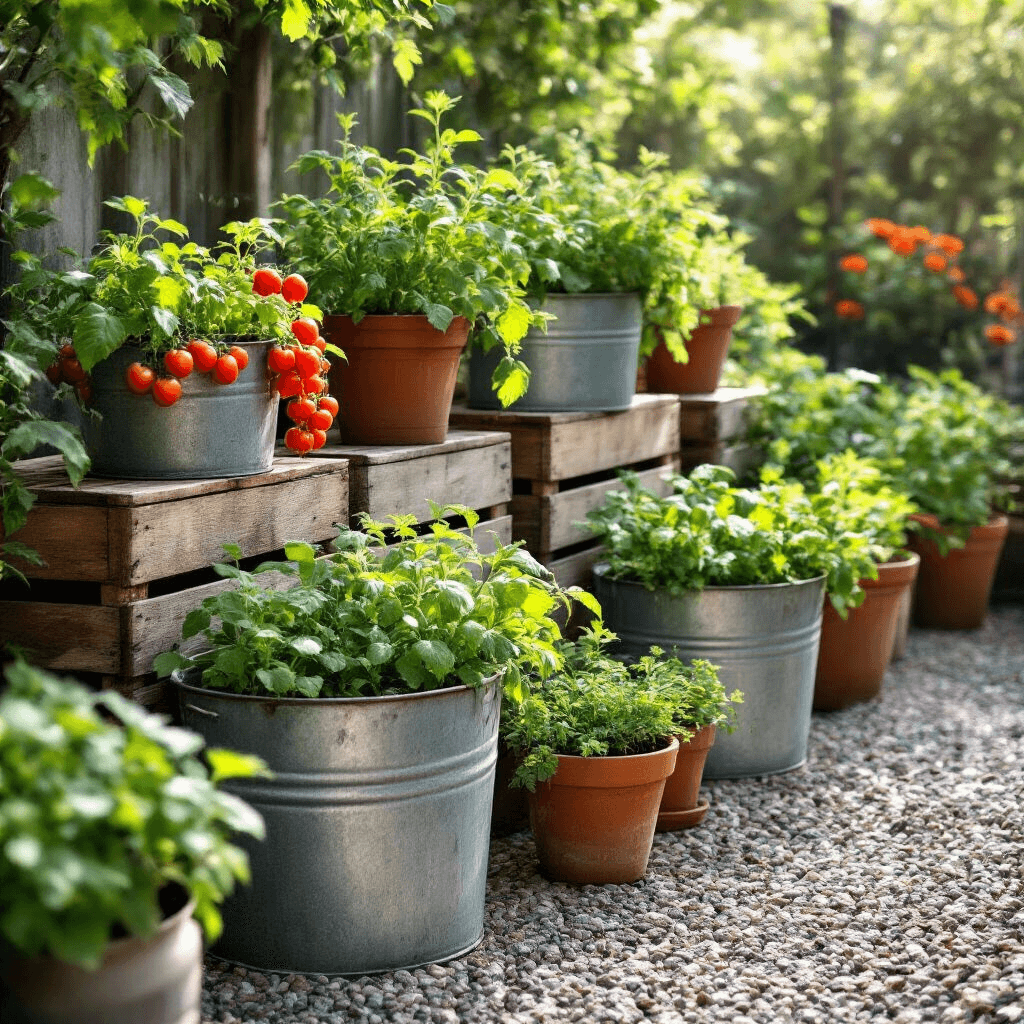 Close-up of a productive container garden featuring vintage galvanized tubs and reclaimed wooden crates arranged on a gravel pad. The garden showcases tumbling cherry tomatoes, cascading herbs, and climbing peas, with morning dew glistening on terracotta pots. The composition highlights a palette of weathered metals, warm woods, and vibrant greens.