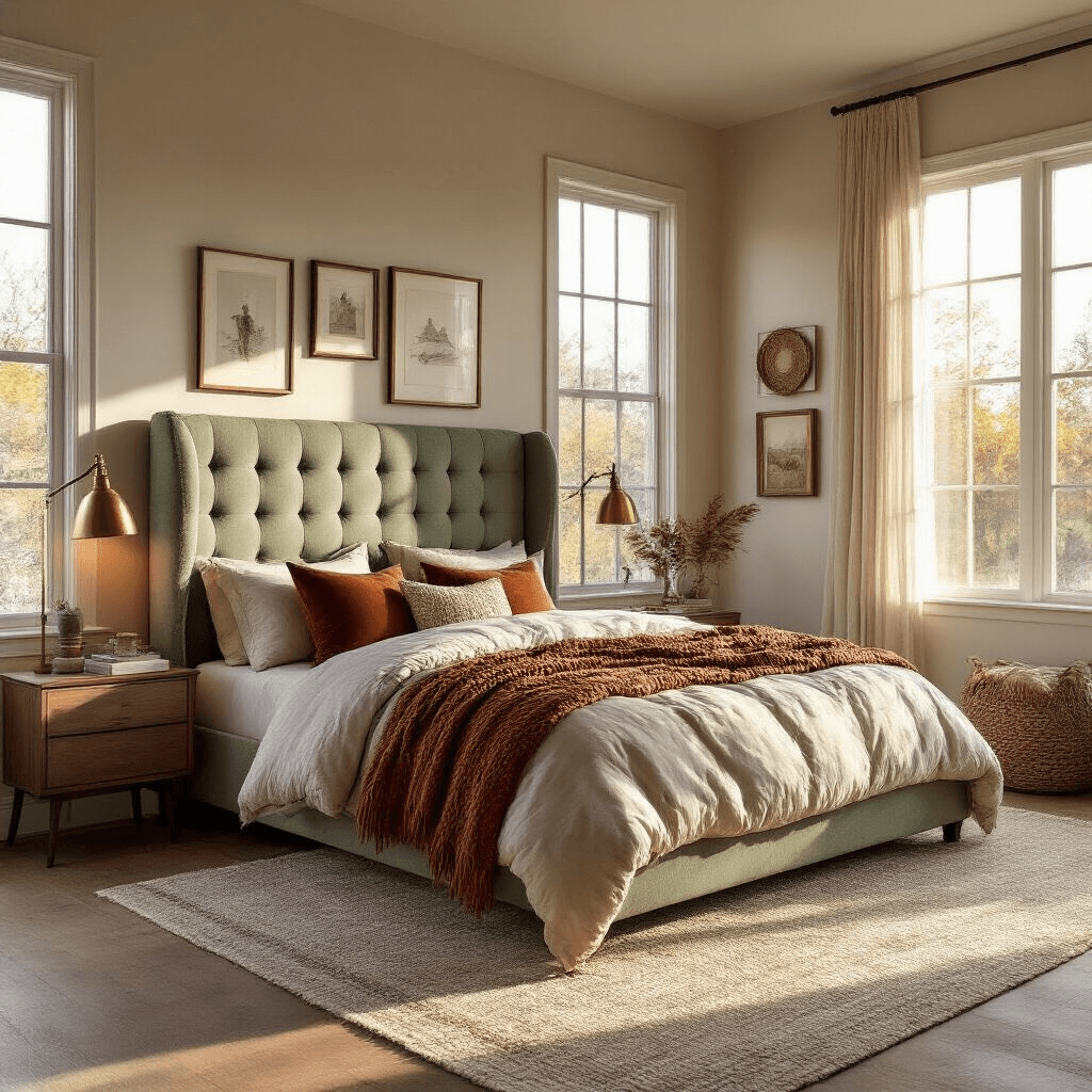 A cozy spacious bedroom featuring a custom upholstered queen bed with a sage headboard, layered with cream and rust throws and velvet pillows. Floor-to-ceiling windows allow golden hour light to illuminate personal photographs and handcrafted wall art on the gallery wall. Vintage brass reading lamps are positioned beside the bed, creating an intimate ambiance. The scene captures warmth and depth.